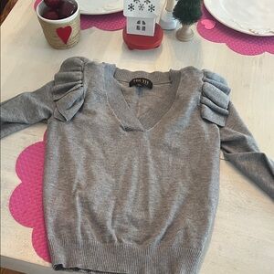 Truth Light Gray V-Neck Sweater with Ruffle Accents